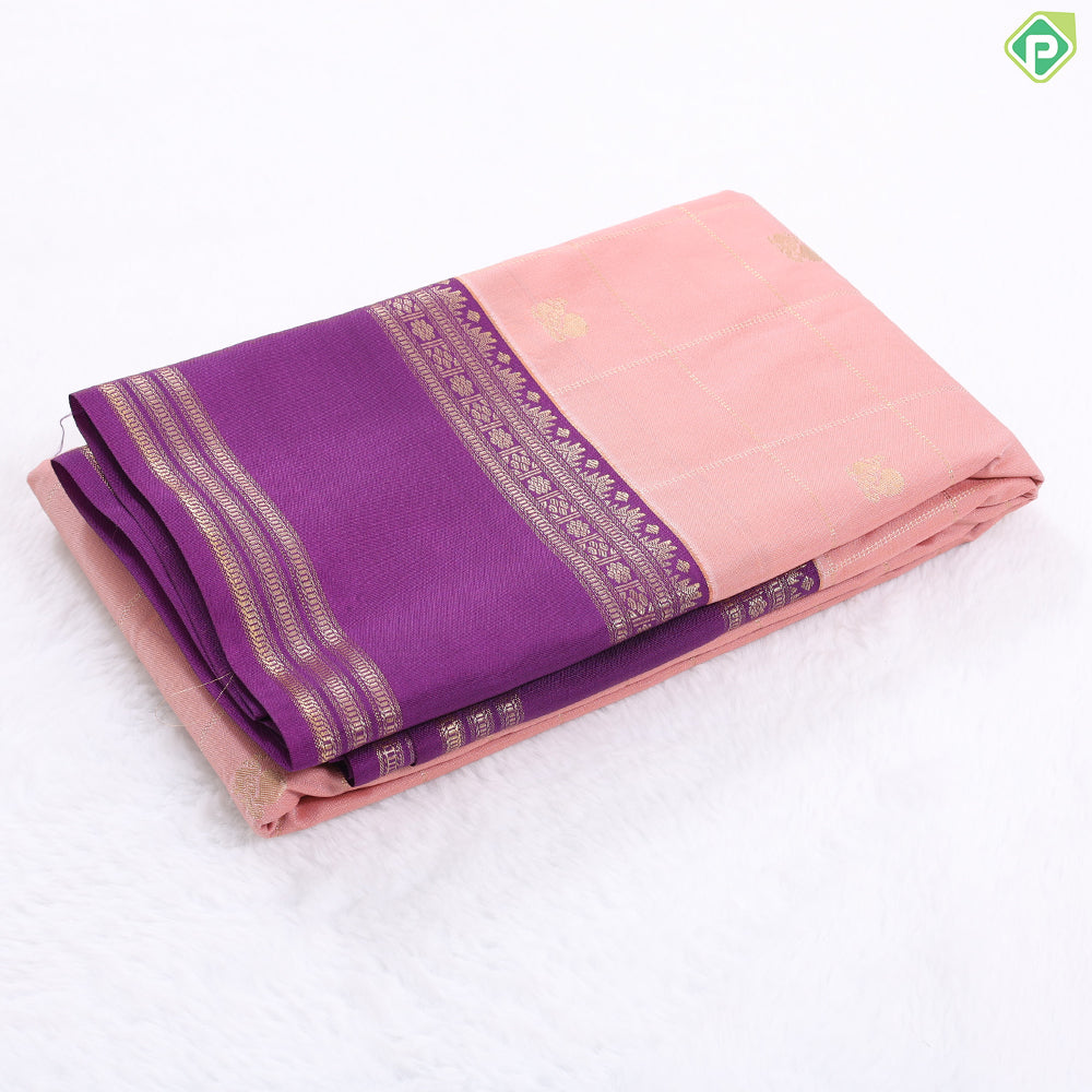 Parrot green gold zari checkered peacock butta design contrast purple rettapet border art silk gift saree