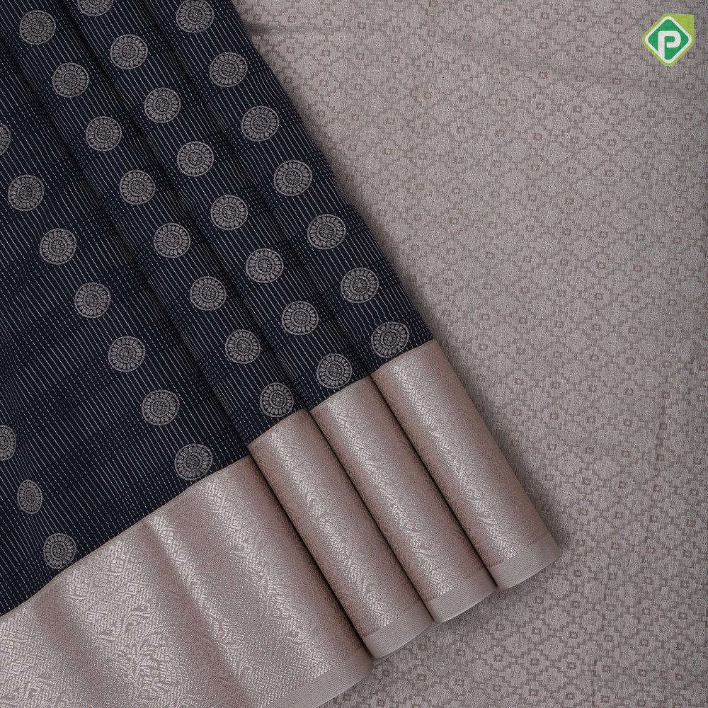 Indigo blue gold zari chakkaram butta design half white zari rangoli butta border Art silk saree