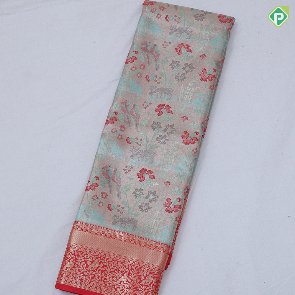 Pewter pink base multi color wild effect design dark green gold zari floral birds design border tissue art silk saree