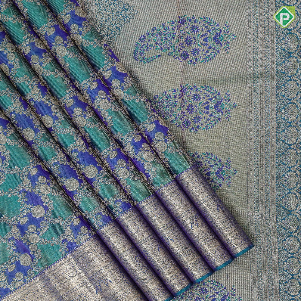 Peacock green and blue with gold zari grand rangat design self silver gold zari three lines design border bridal silk saree