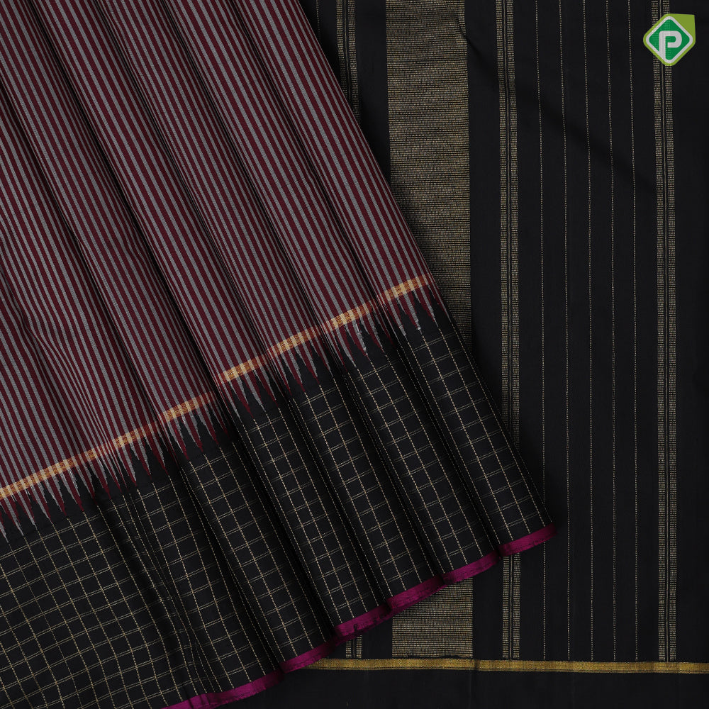 Maroon and silver grey stripes design black with gold zari tazhampoo design purple edge border traditional silk saree