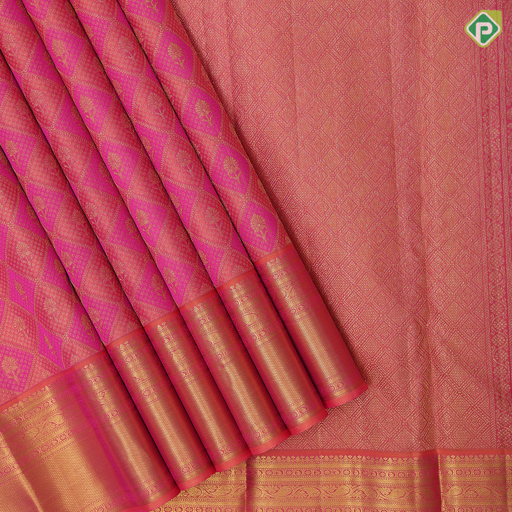 Peach orange and pink combo gold zari butta checks self gold zari multi lines border self weaved silk saree