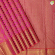 Peach orange and pink combo gold zari butta checks self gold zari multi lines border self weaved silk saree