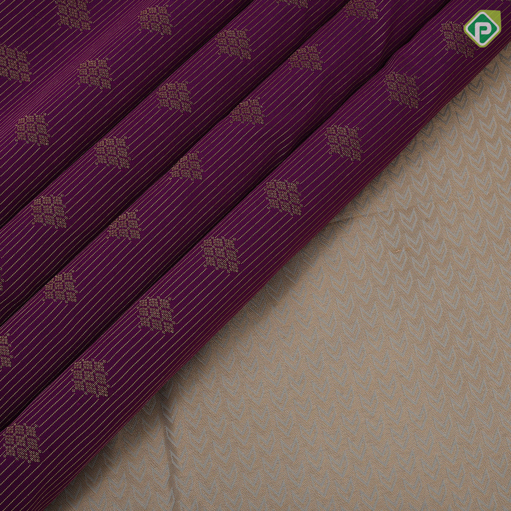 Purple gold zari stripes and square fancy butta design greyish gold zari thilagam butta border art silk saree