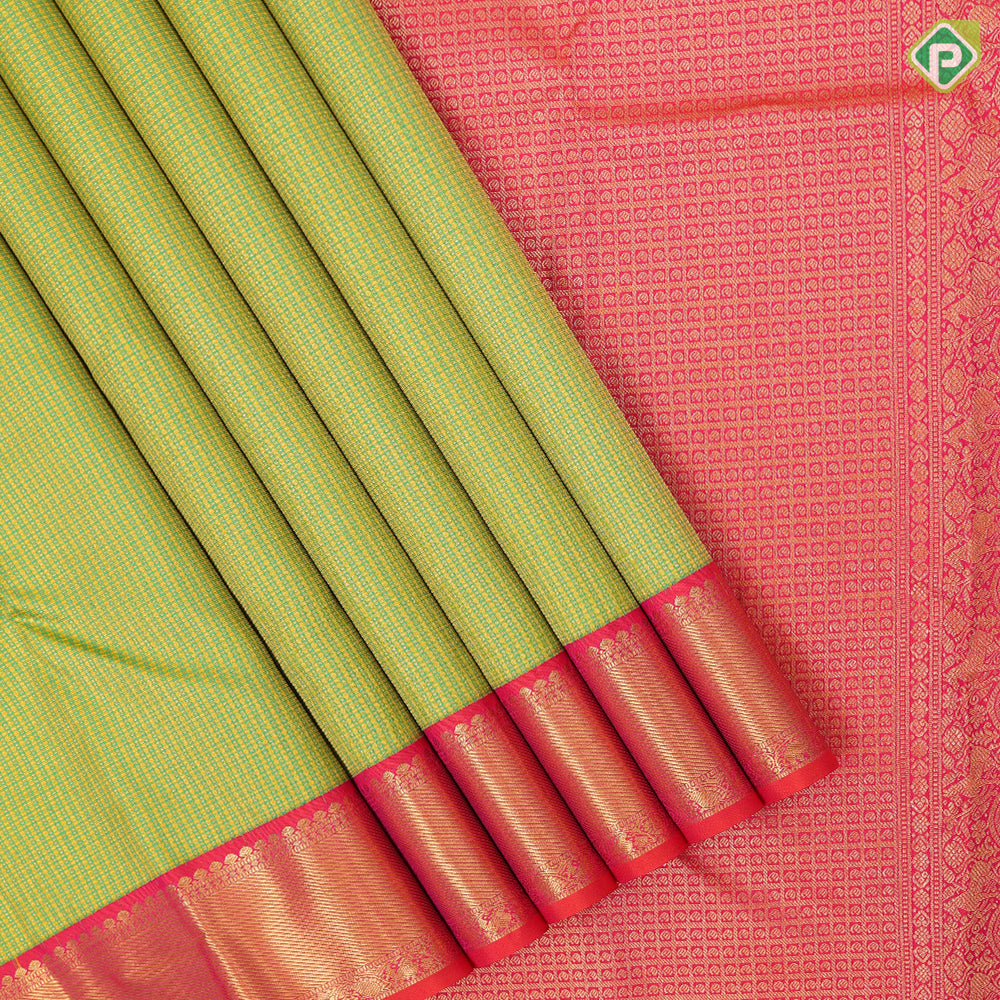 yellow green gold zari micro checks design reddish pink gold zari bavanji border retro traditional silk saree