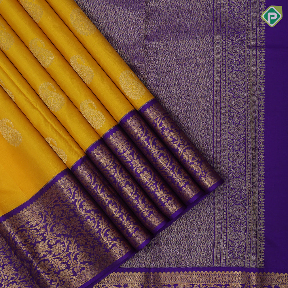Lemon Yellow Gold Zari Mango Butta Design Violet Flower Floral Border Design Traditional Silk Saree