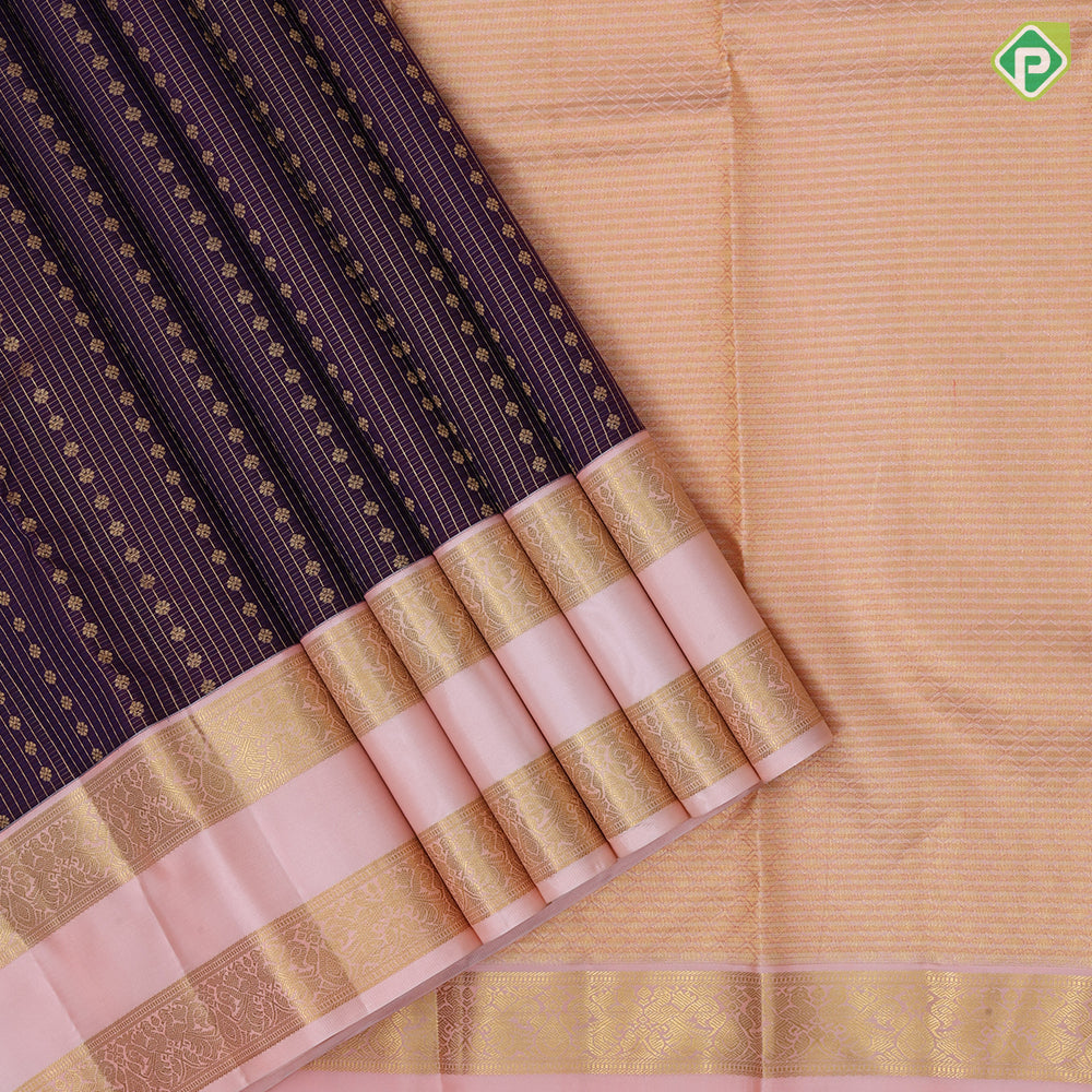 Deep brown gold zari checks and beads design peach gold zari rettapet border gift silk saree