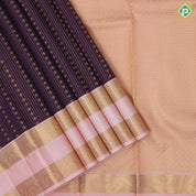 Deep brown gold zari checks and beads design peach gold zari rettapet border gift silk saree