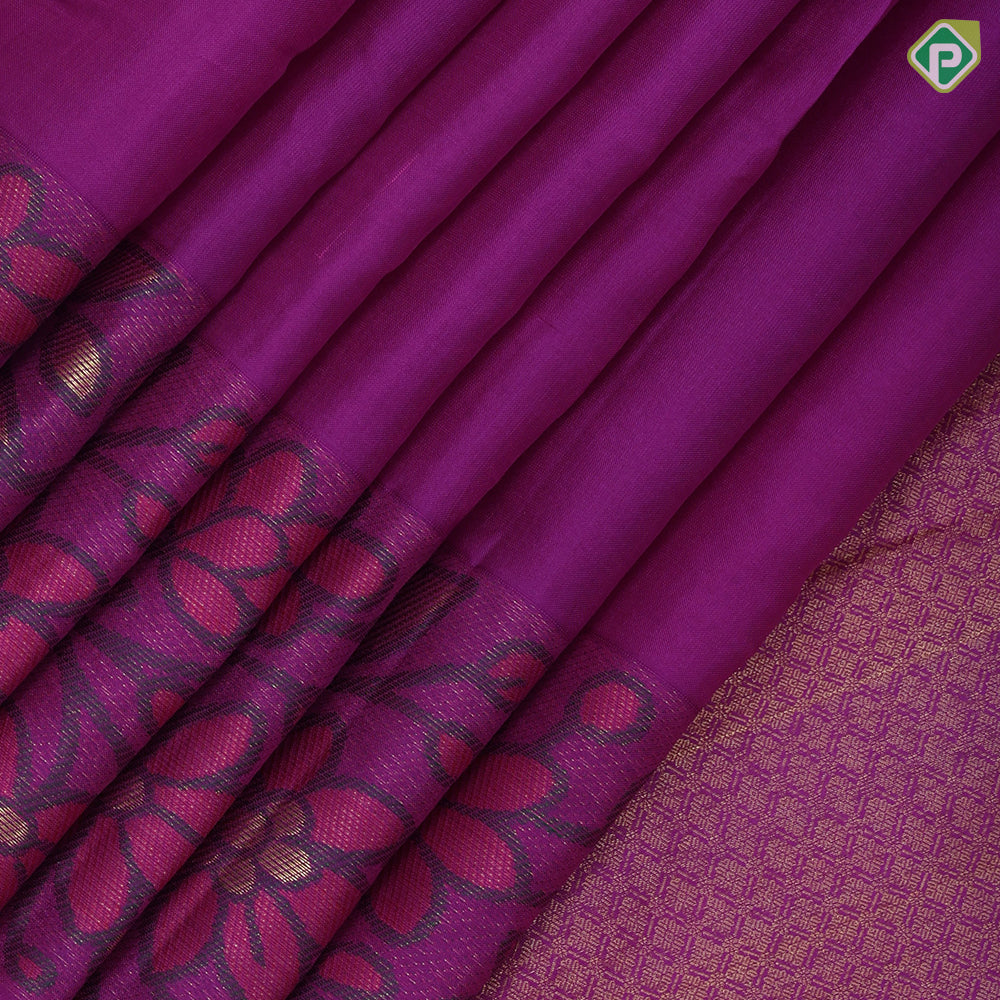 Purple color plain body self gold zari meena work design border trendy designer silk saree