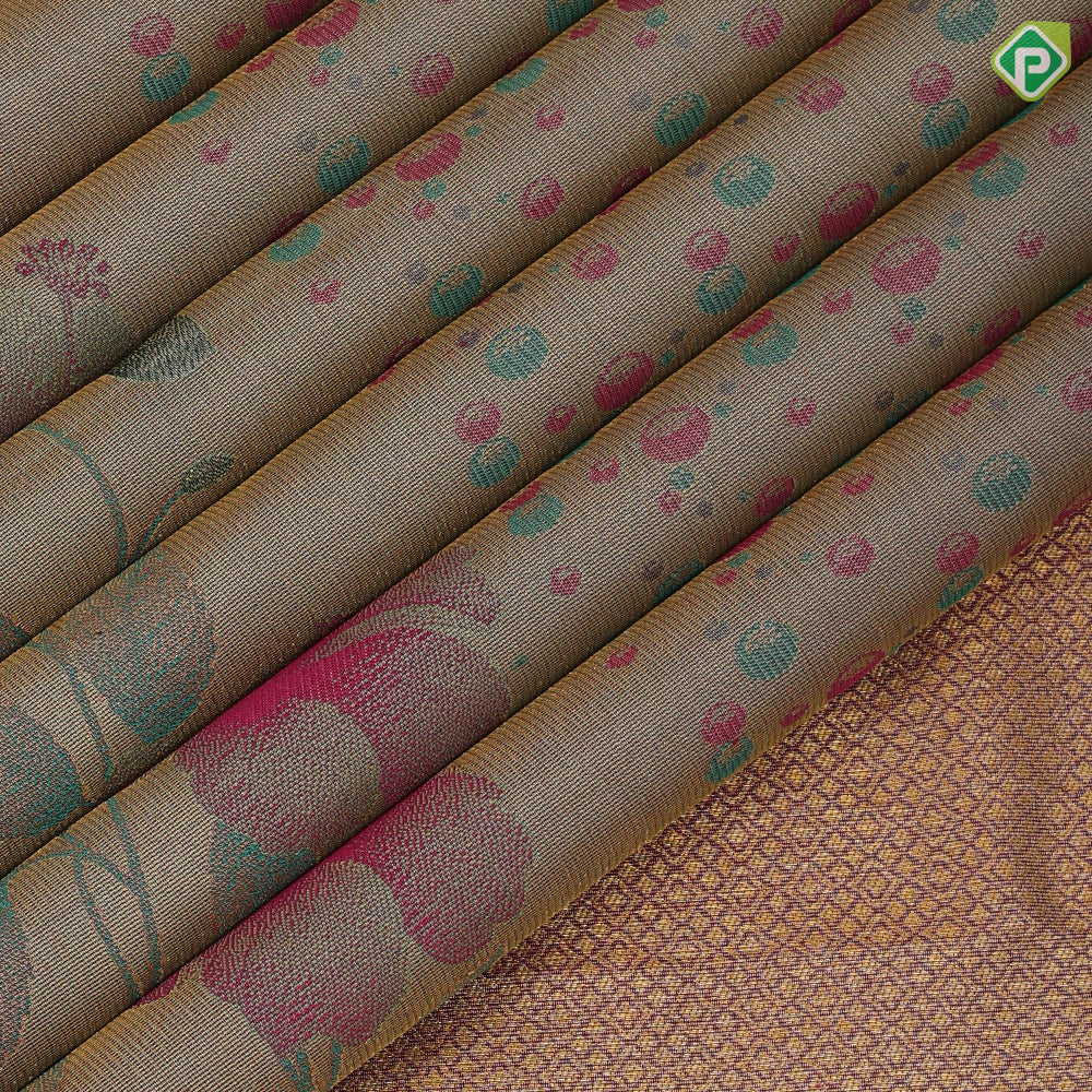 peach green base gold zari by zari tissue multi color bubbles self hibiscus flower design border trendy designer silk saree