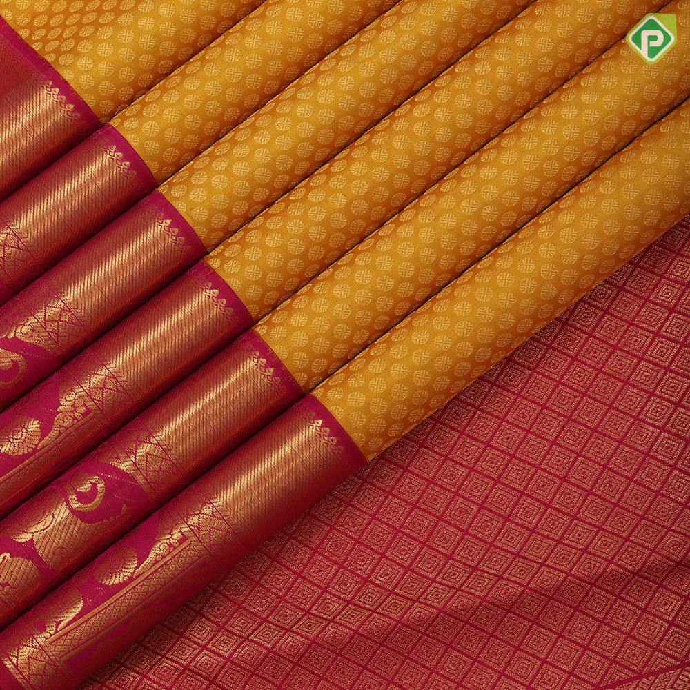 Mustard Yellow Gold Zari Ruthracham Design Rani Pink Yazhi Border Design Traditional Silk Saree