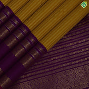 Yellow gold zari stripes design Purple gold zari three lines mid gap border retro traditional silk saree