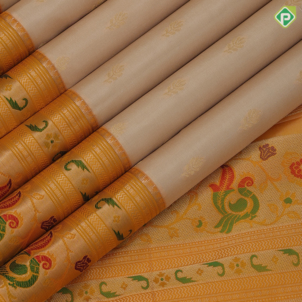 peach cream gold zari fancy flower butta motifs mango yellow silver zari paithani border fancy gift silk saree