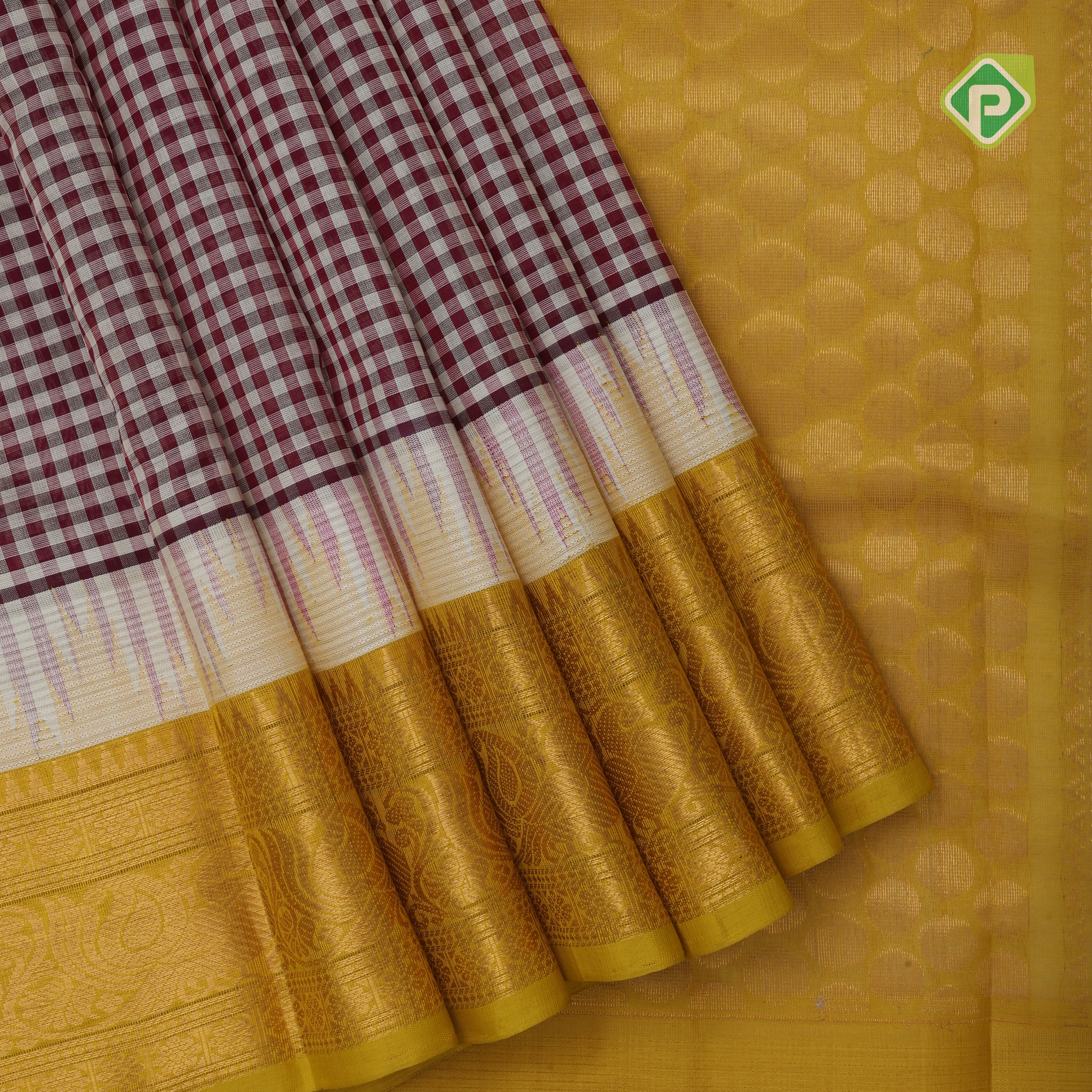 Maroon base Multi color checked grand pallu Lemon green gold zari koorvai temple border silk cotton saree