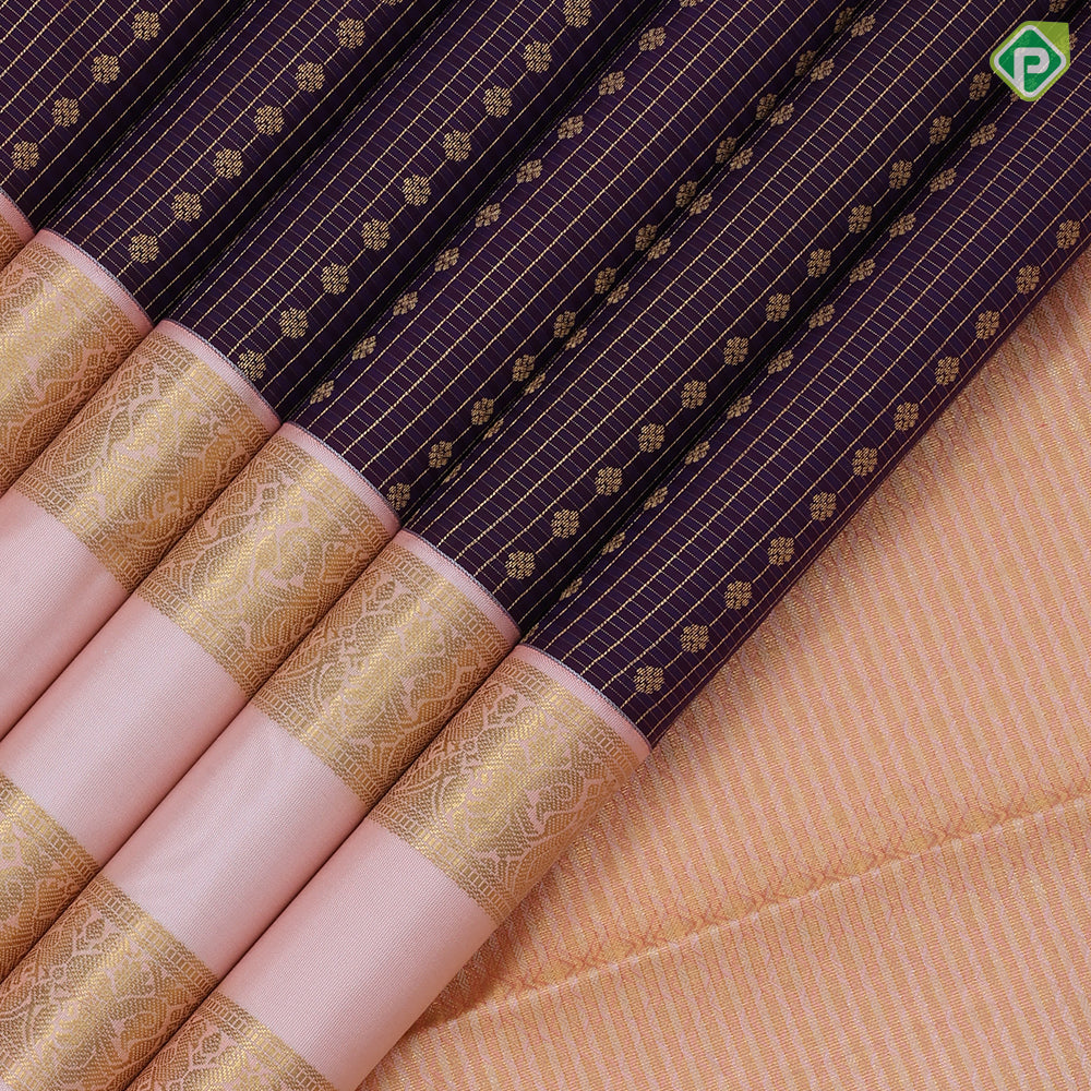 Deep brown gold zari checks and beads design peach gold zari rettapet border gift silk saree