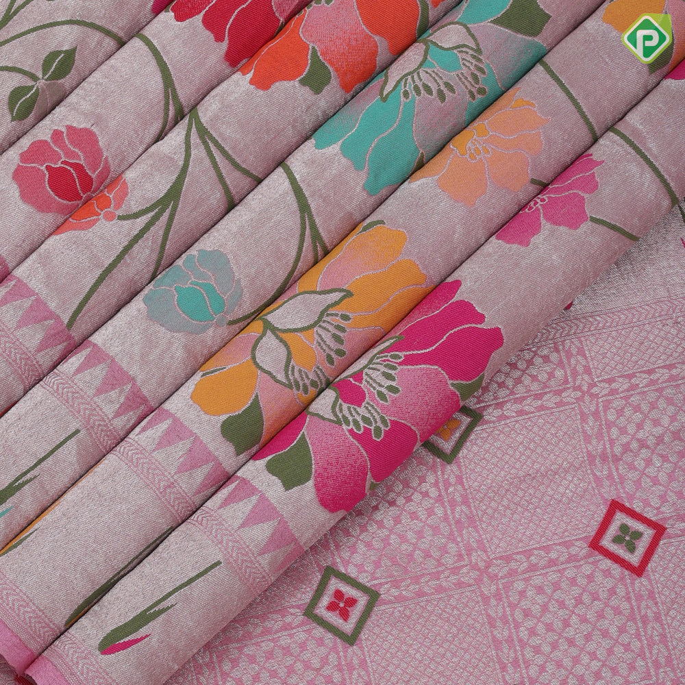 Pastel pink multi color meena work banaras design self designed border tusser tissue saree