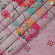 Pastel pink multi color meena work banaras design self designed border tusser tissue saree