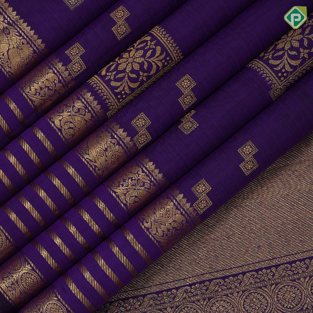 Purple blue gold zari designed frame butta self gold zari multi lines butta border traditional Navratri special silk saree