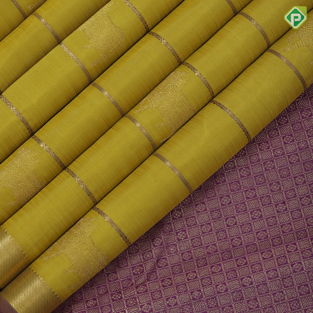 Lemon yellow gold zari Gomadha and zari lines self gold zari and purple edge border traditional silk saree