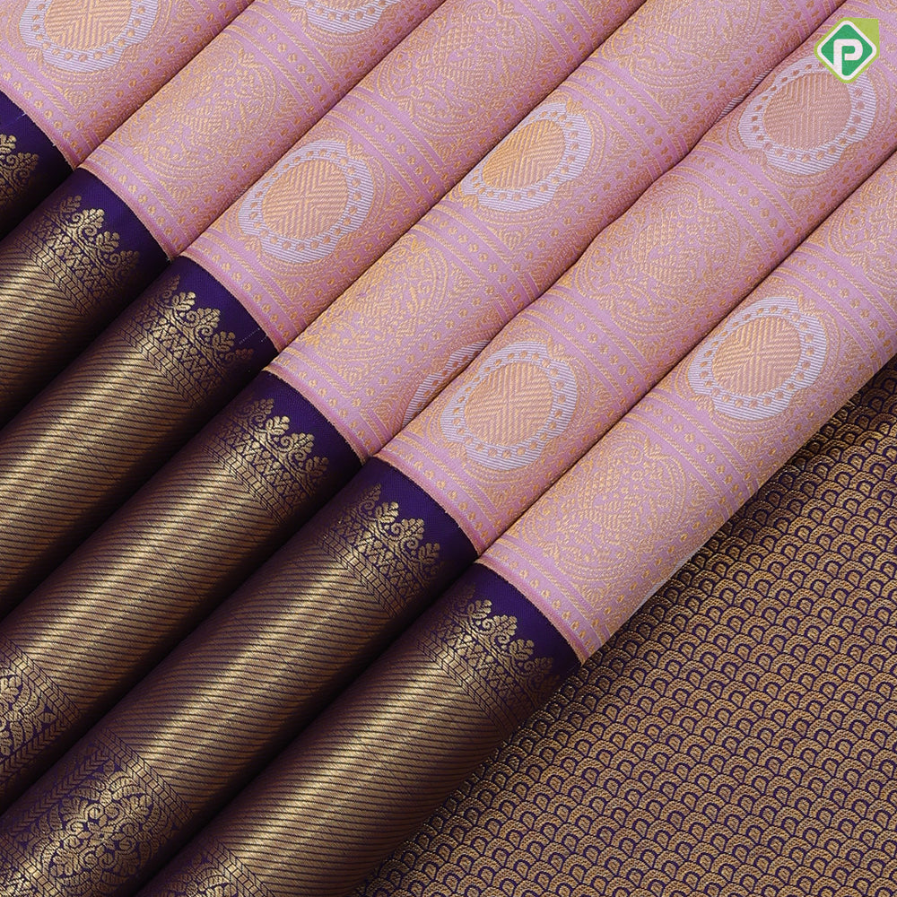Baby pink gold zari annam and round meena work butta checks purple blue gold zari cross lines border bridal silk saree