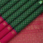 Jungle Green Gold Silver Zari Vairaoosi Checks Small Mango Design Rani Pink Train Track Type Thilagam Border Design Traditional Silk Saree
