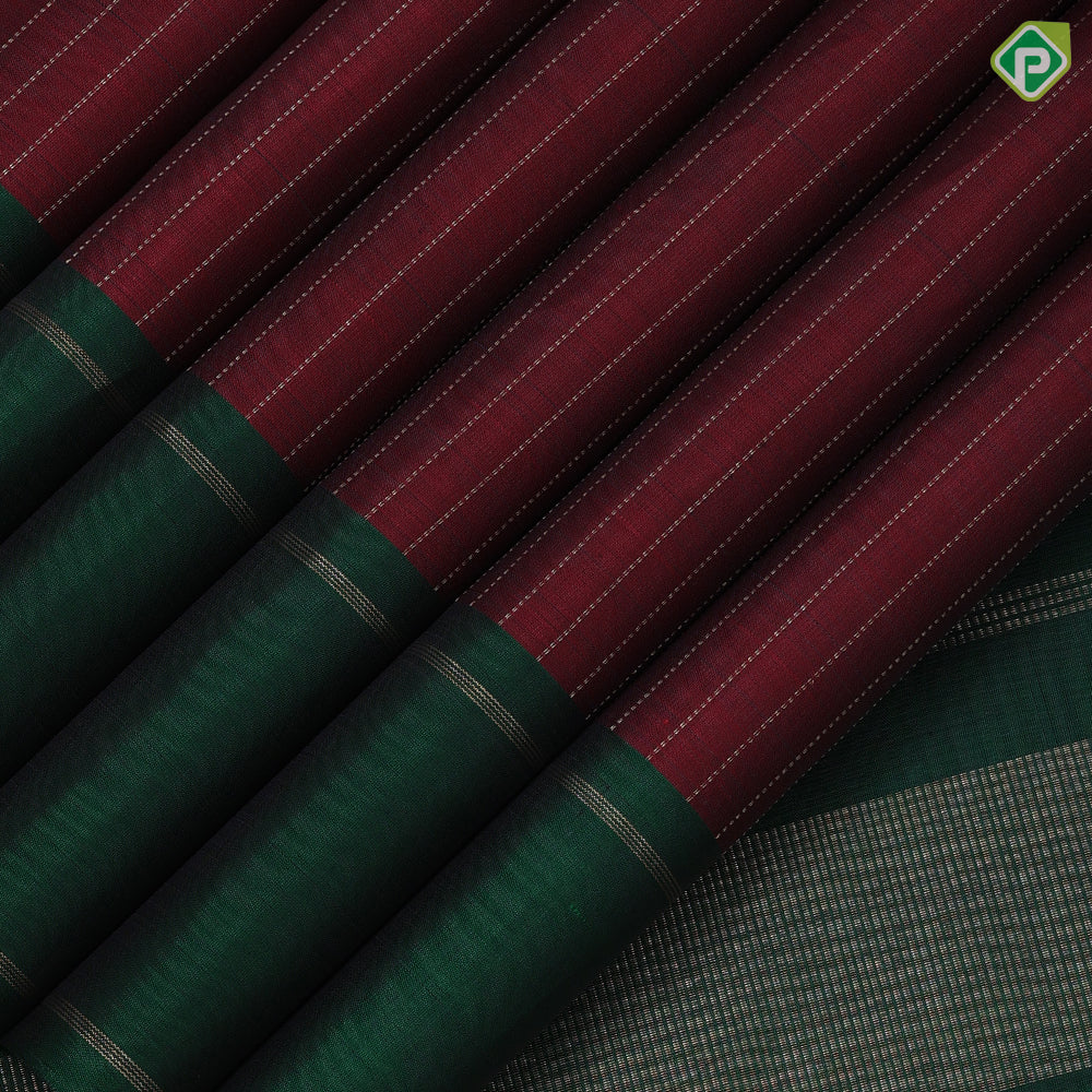Magenta copper gold zari beads stripes design dark green plain gold zari two lines border traditional silk saree