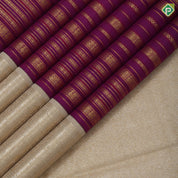 Purple base gold zari multi designed butta lines creamy sandal gold zari double peacock butta border bridal silk saree