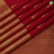 Red Gold Zari Peacock Butta Design Self Colour Waves Ruthracham Thilagam Border Design Traditional Silk Saree
