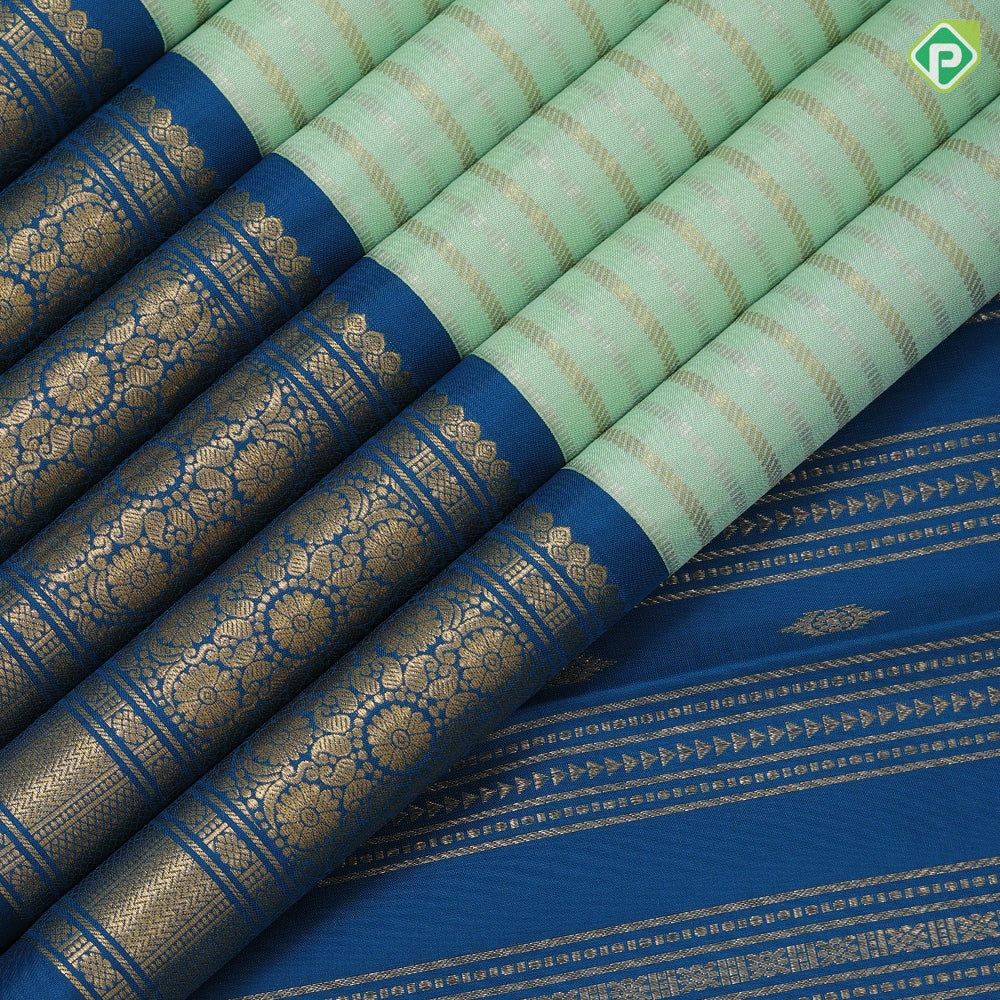 Pista green gold zari velthari lines design cobalt blue gold zari trendy floral rangoli design border fusion silk saree