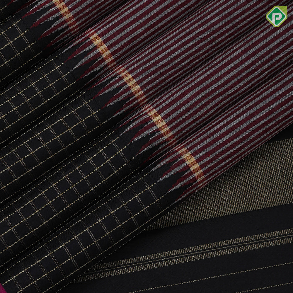 Maroon and silver grey stripes design black with gold zari tazhampoo design purple edge border traditional silk saree