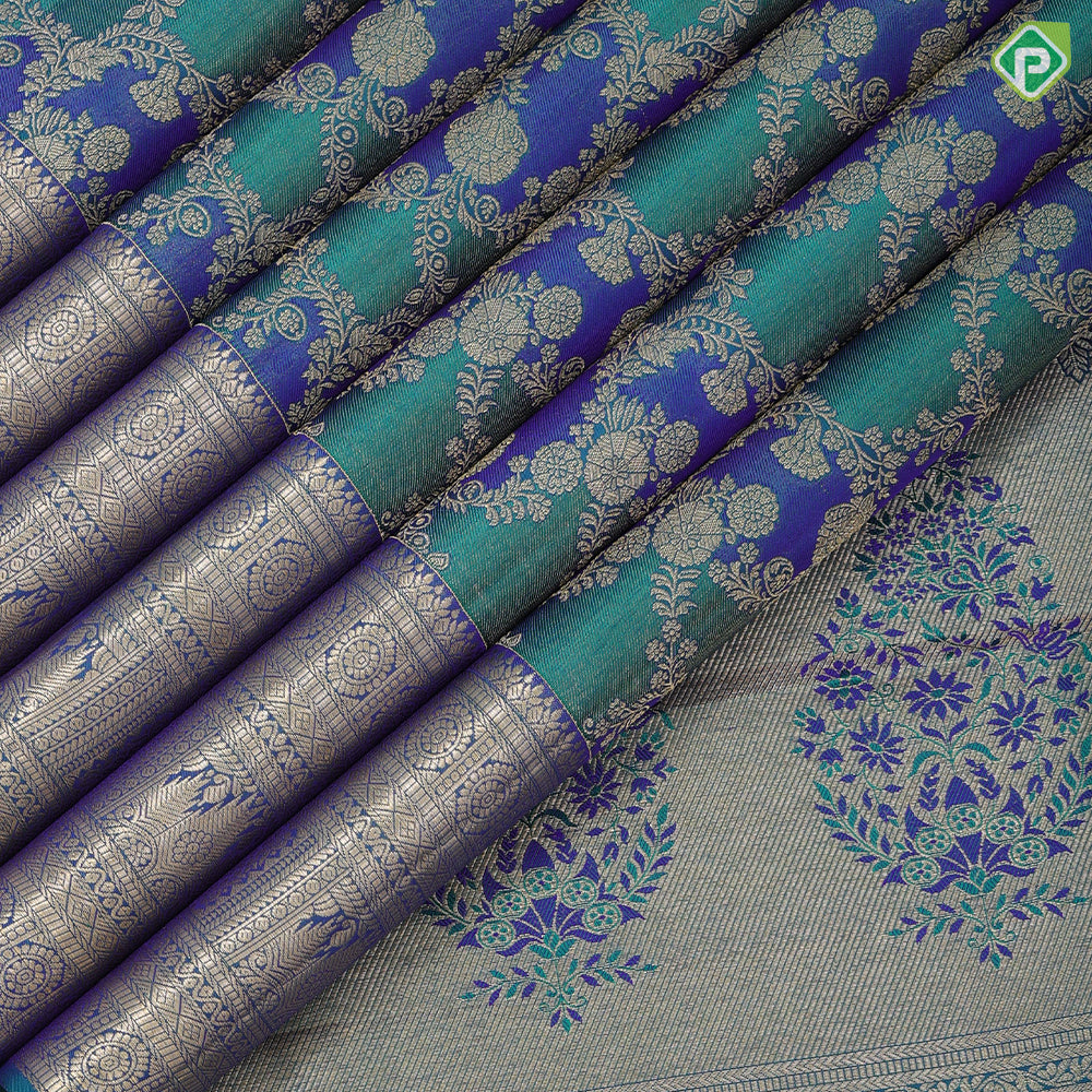Peacock green and blue with gold zari grand rangat design self silver gold zari three lines design border bridal silk saree