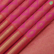 Peach orange and pink combo gold zari butta checks self gold zari multi lines border self weaved silk saree