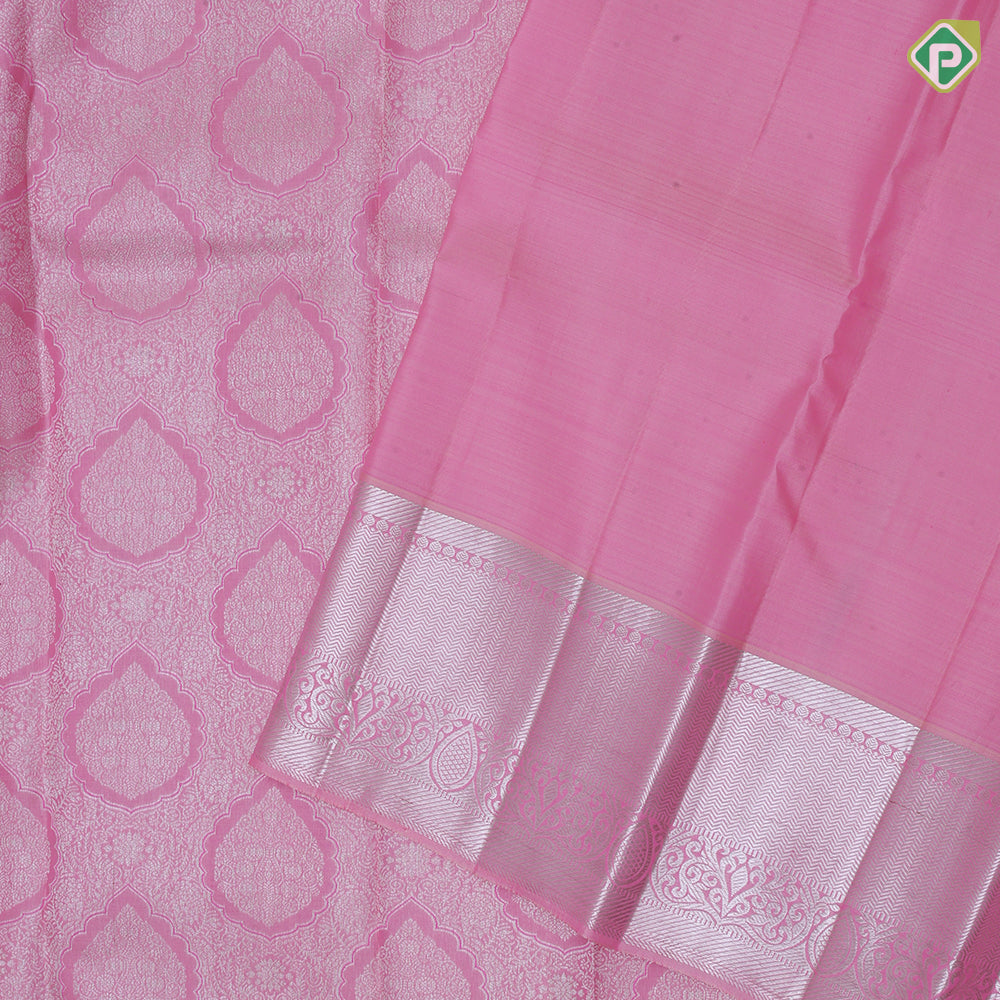 Pastel pink silver zari thilagam meena work butta self silver zari rangoli border bridal silk saree