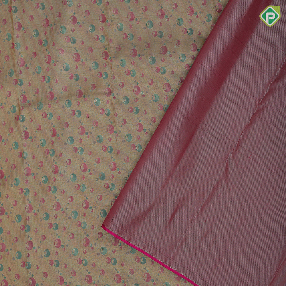 peach green base gold zari by zari tissue multi color bubbles self hibiscus flower design border trendy designer silk saree