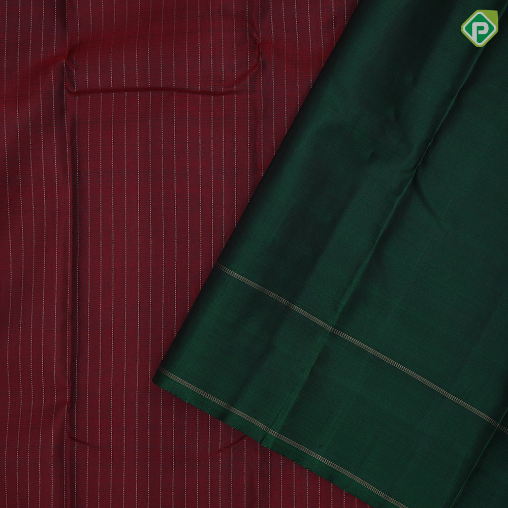 Magenta copper gold zari beads stripes design dark green plain gold zari two lines border traditional silk saree