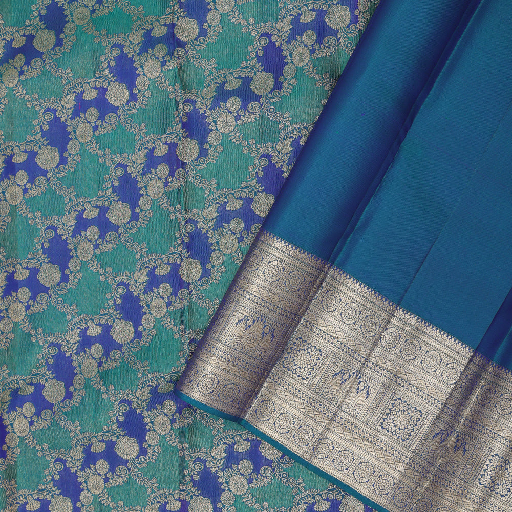 Peacock green and blue with gold zari grand rangat design self silver gold zari three lines design border bridal silk saree