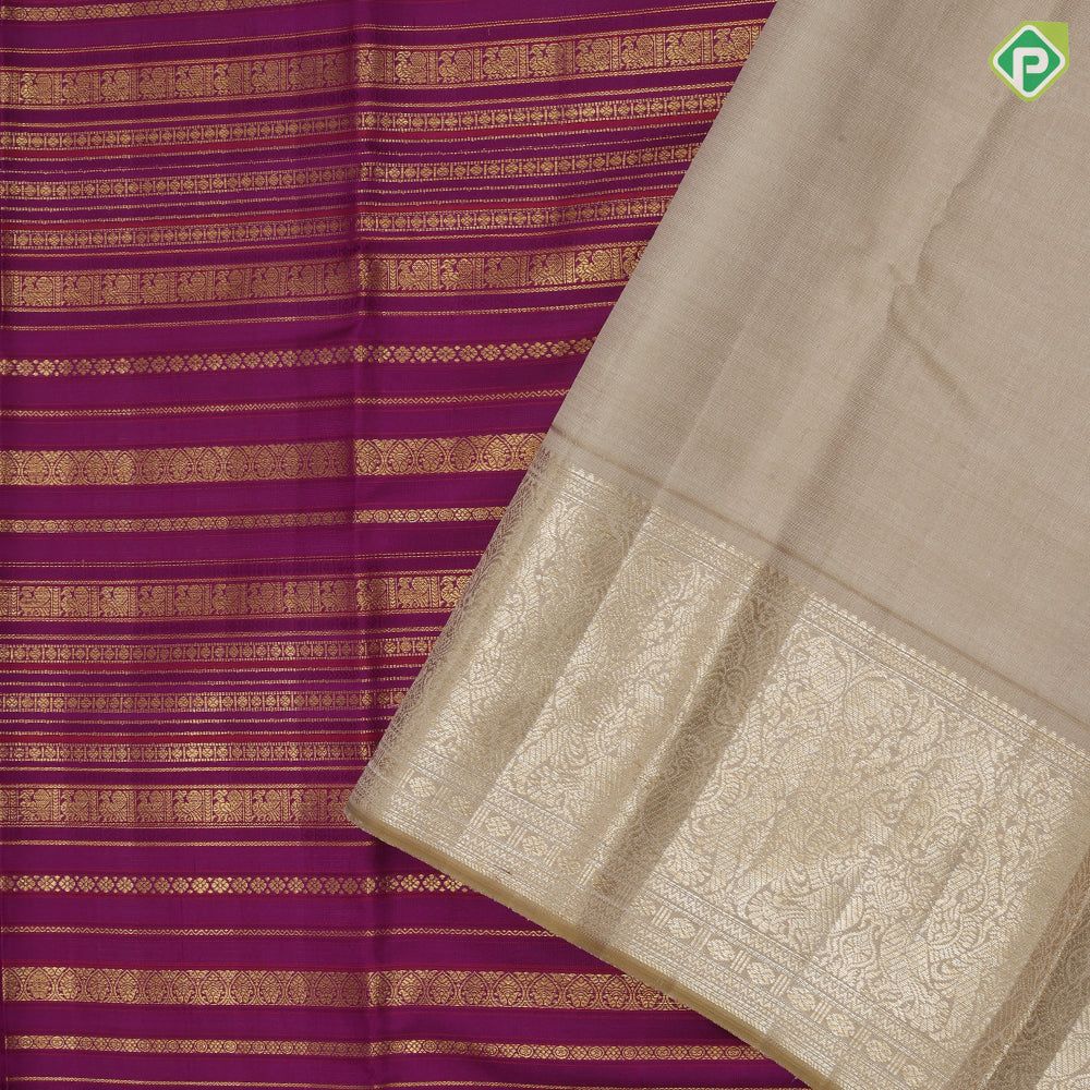 Purple base gold zari multi designed butta lines creamy sandal gold zari double peacock butta border bridal silk saree