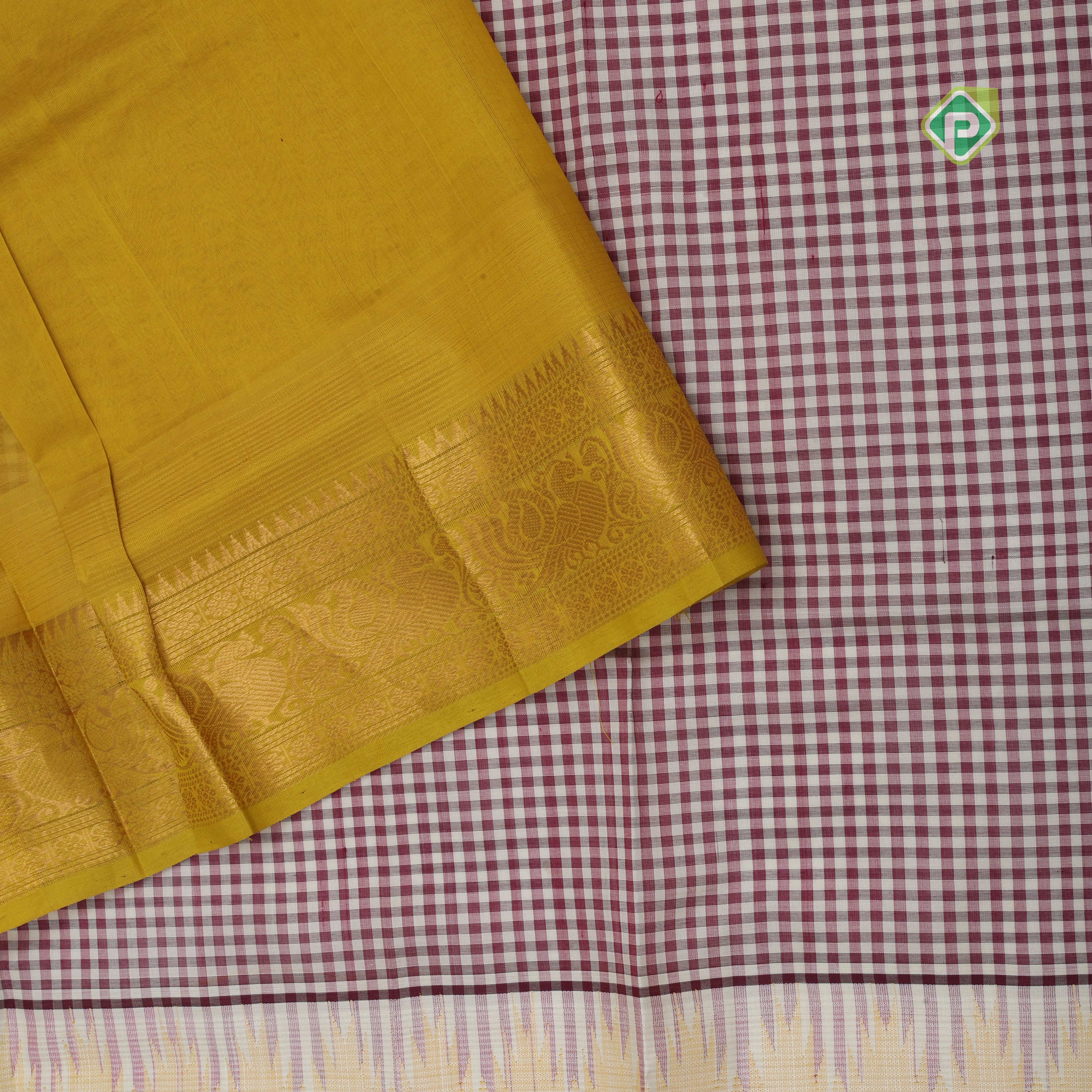 Maroon base Multi color checked grand pallu Lemon green gold zari koorvai temple border silk cotton saree