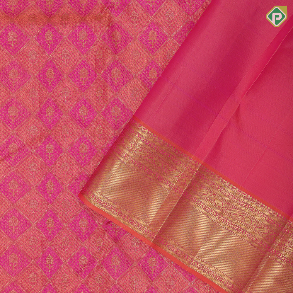Peach orange and pink combo gold zari butta checks self gold zari multi lines border self weaved silk saree