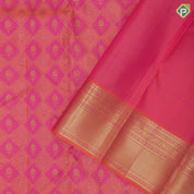 Peach orange and pink combo gold zari butta checks self gold zari multi lines border self weaved silk saree