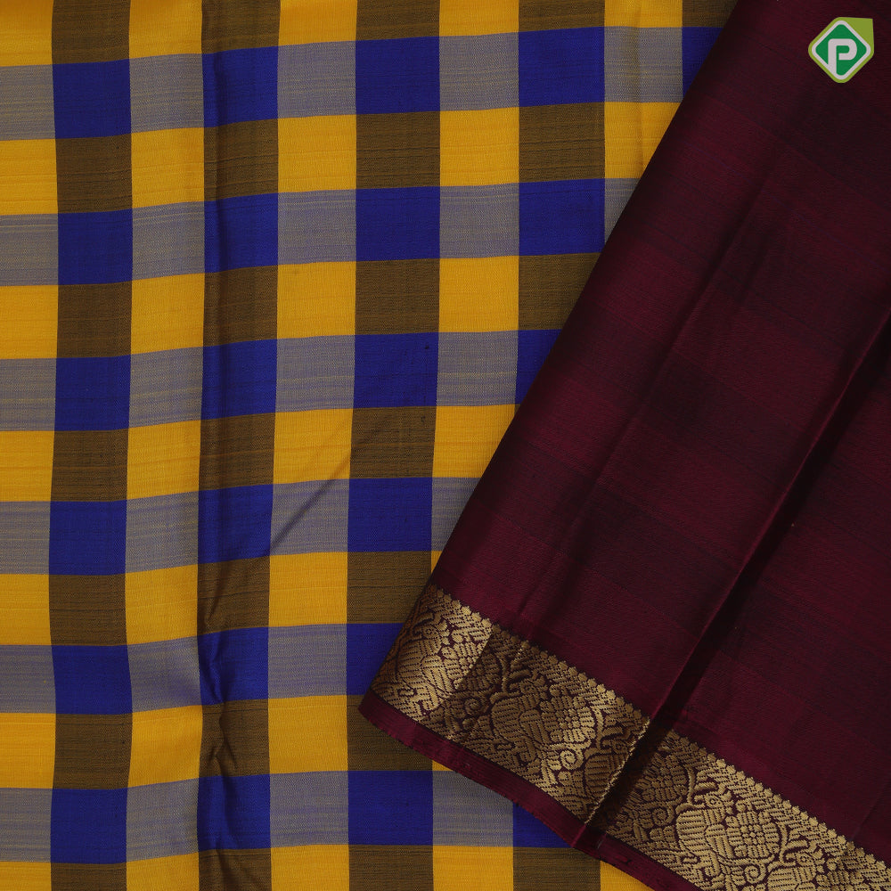 Multi color checks paalum pazhamum kattam self gold zari peacock butta design traditional silk saree