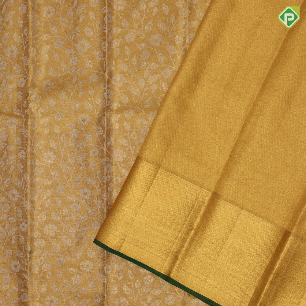 Gold Zari tissue silver zari grand floral design self gold zari green edge border grand tissue silk saree