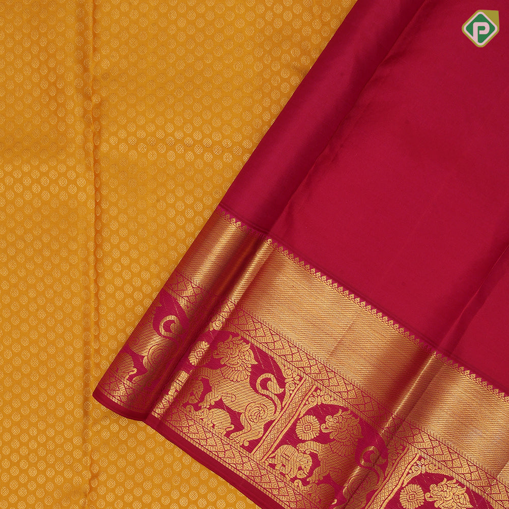 Mustard Yellow Gold Zari Ruthracham Design Rani Pink Yazhi Border Design Traditional Silk Saree
