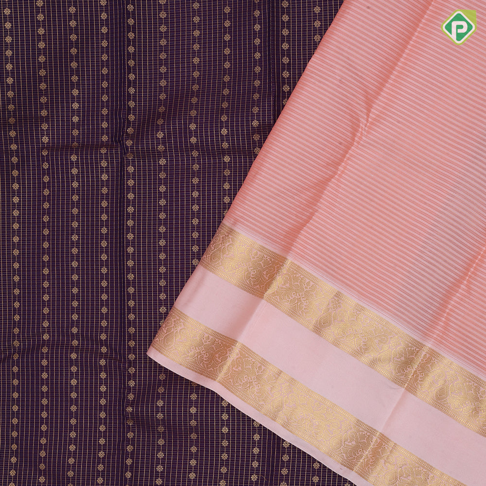 Deep brown gold zari checks and beads design peach gold zari rettapet border gift silk saree