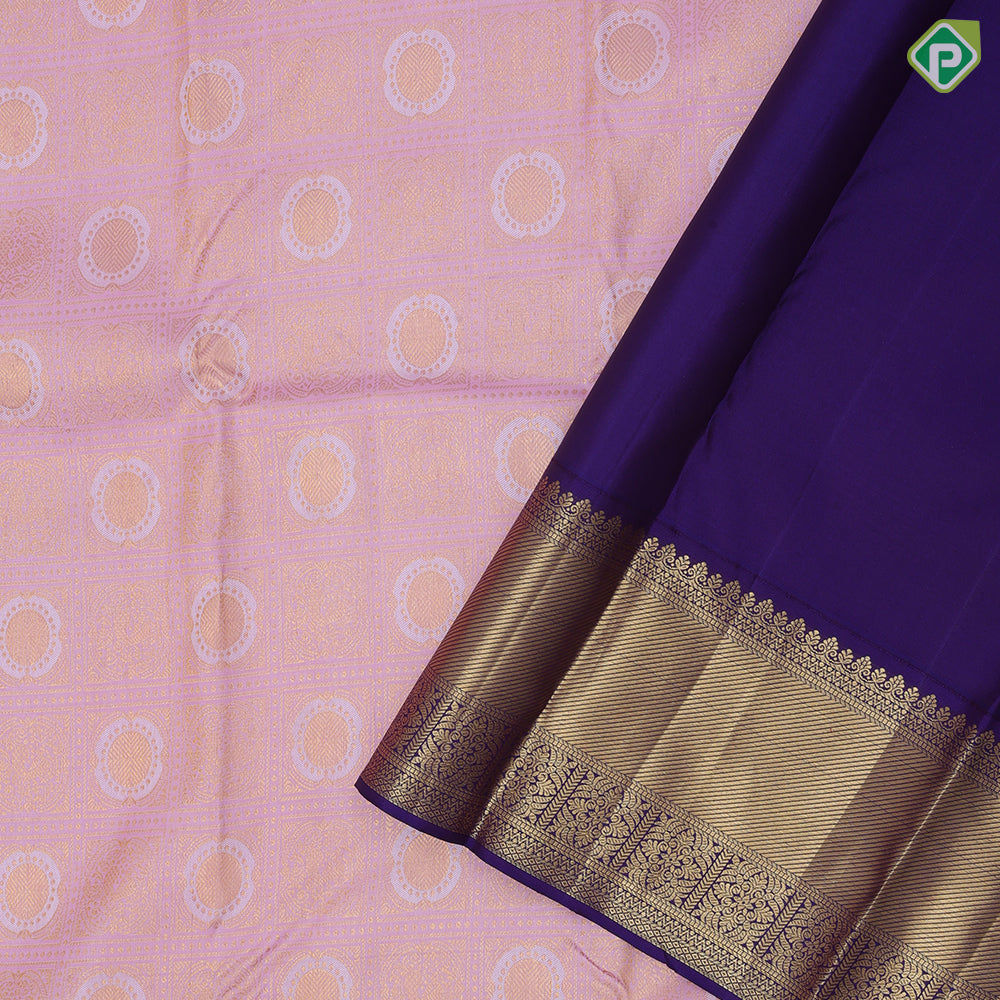 Baby pink gold zari annam and round meena work butta checks purple blue gold zari cross lines border bridal silk saree