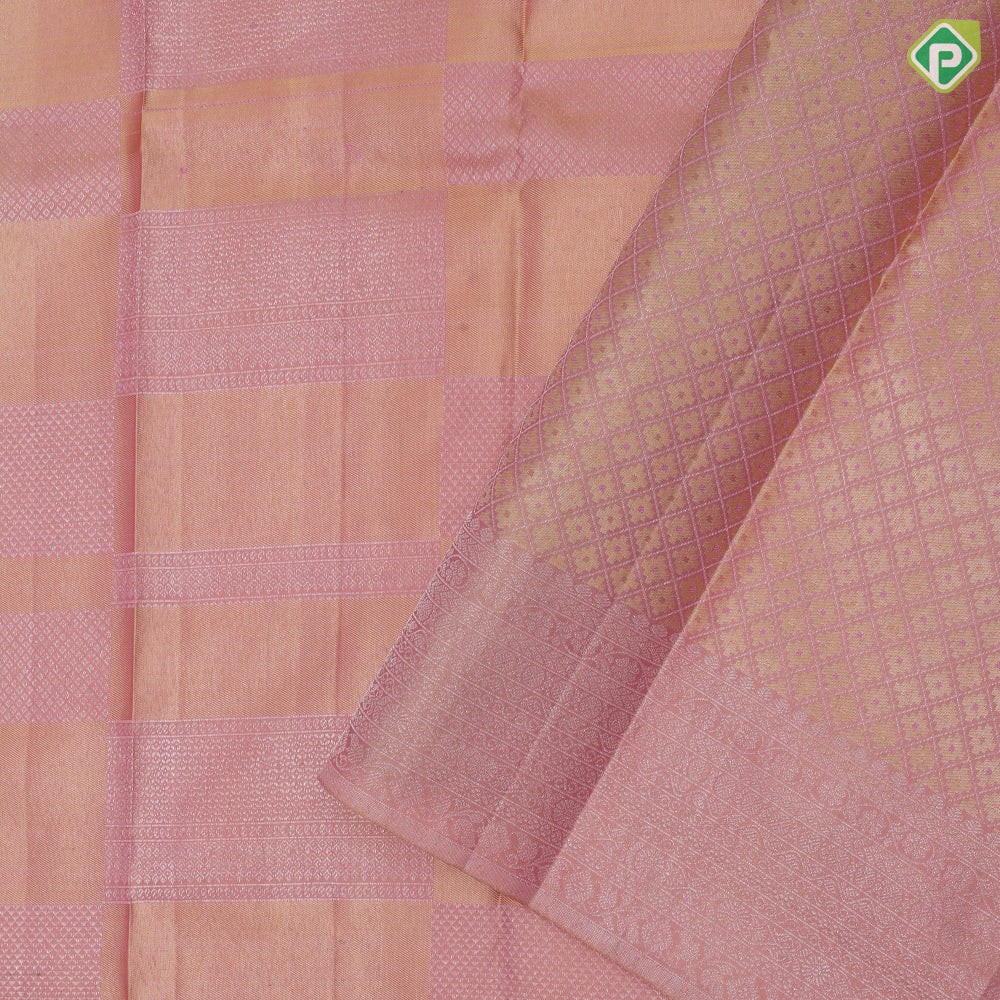 pink and peach self designed shapes design self silver zari rangoli lines border trendy designer silk saree