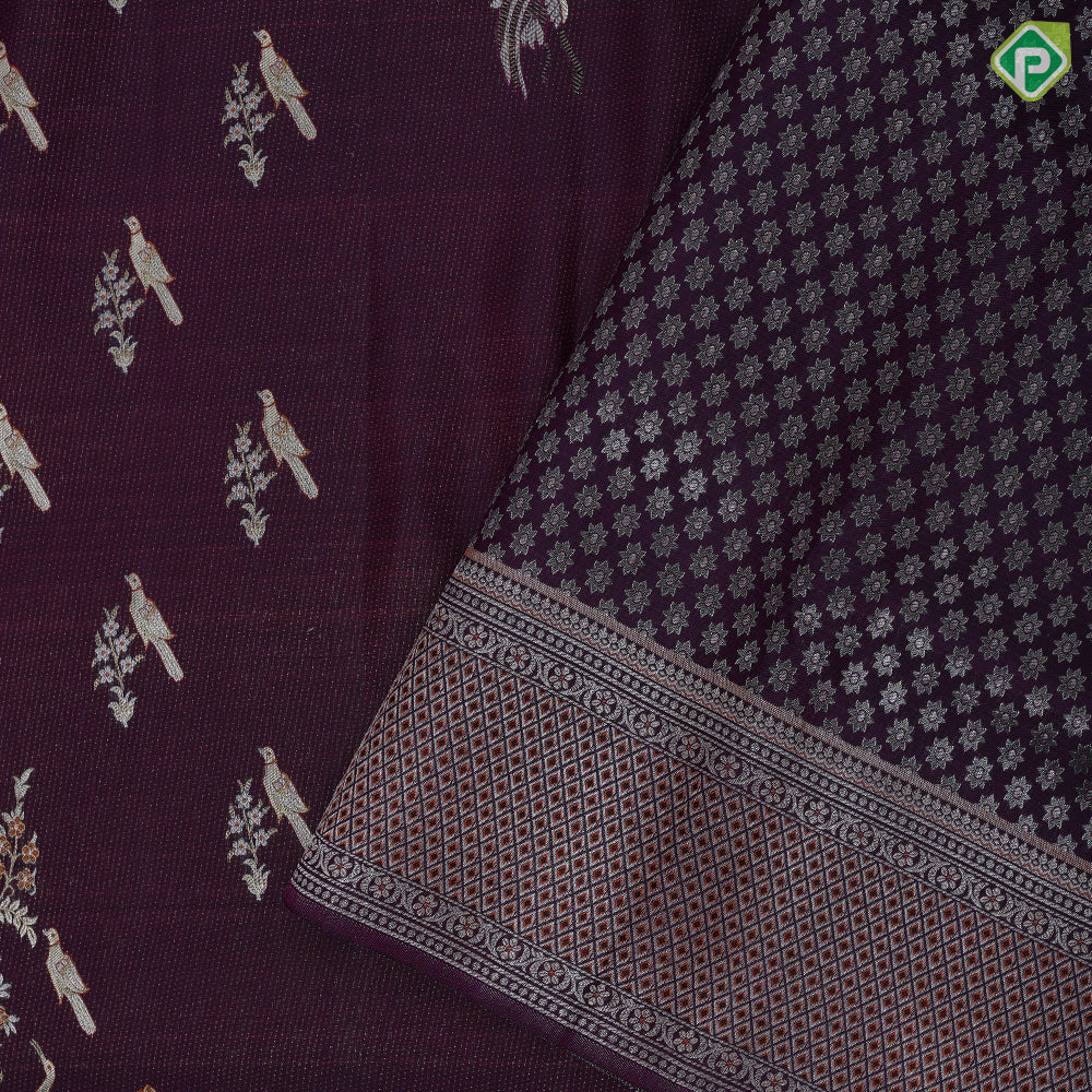 Maroon brown silver gold zari meena work self goldish diamond design border pallu concept exclusive bridal silk saree