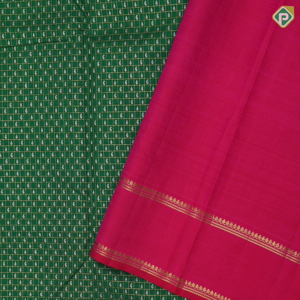 Jungle Green Gold Silver Zari Vairaoosi Checks Small Mango Design Rani Pink Train Track Type Thilagam Border Design Traditional Silk Saree