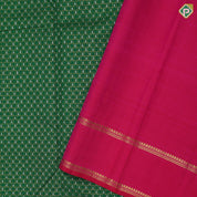 Jungle Green Gold Silver Zari Vairaoosi Checks Small Mango Design Rani Pink Train Track Type Thilagam Border Design Traditional Silk Saree