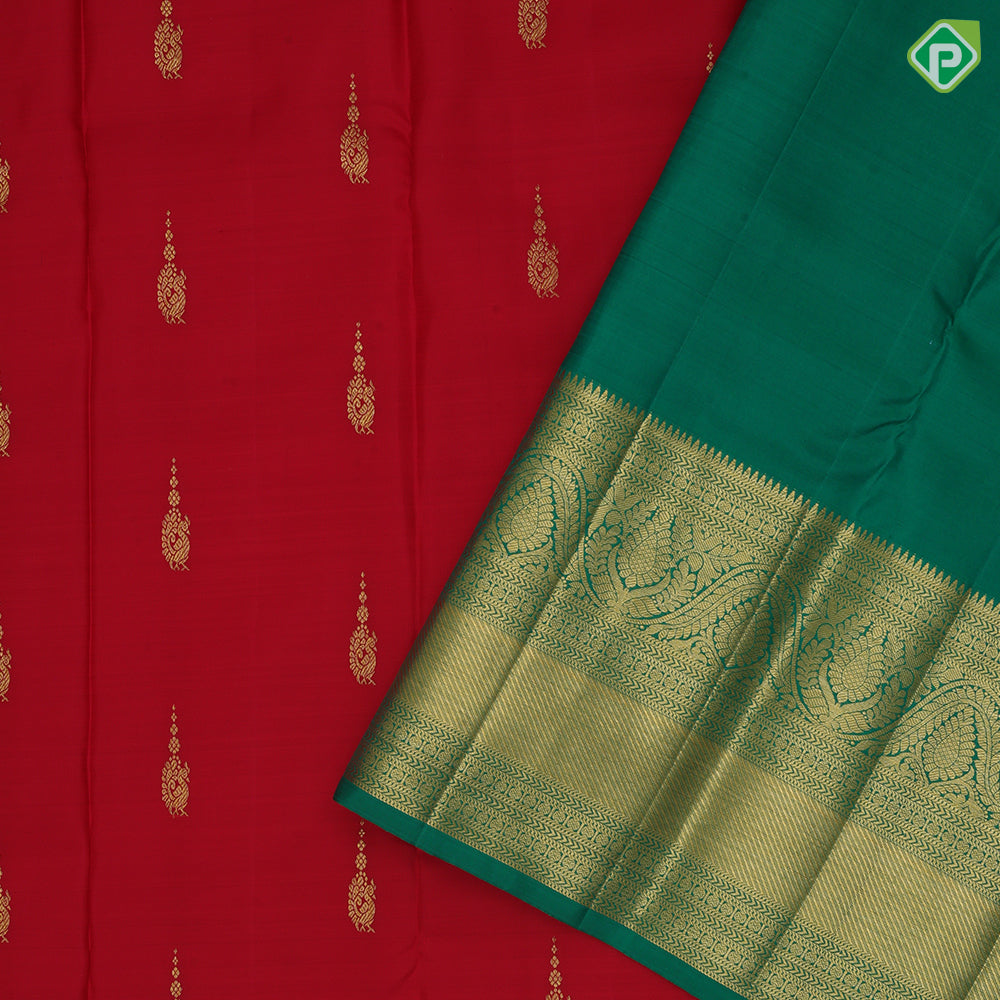 Red Gold Zari Peacock Butta Design Self Colour Waves Ruthracham Thilagam Border Design Traditional Silk Saree